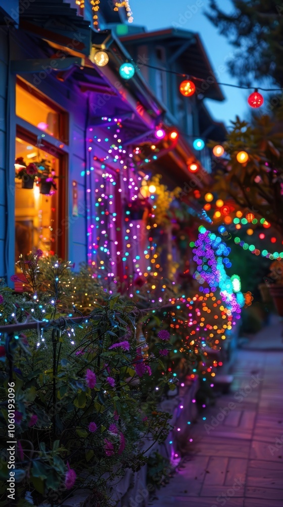 Fototapeta premium Enchanting Christmas lights adorning the facade of colorful shops and buildings on a cozy city street creating a magical and vibrant nighttime atmosphere during the festive winter season