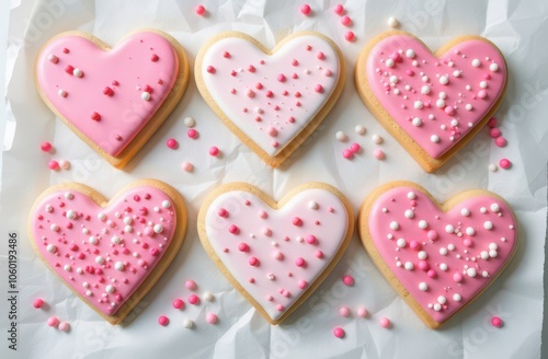 heart shaped cookies with sprinkles on white background
