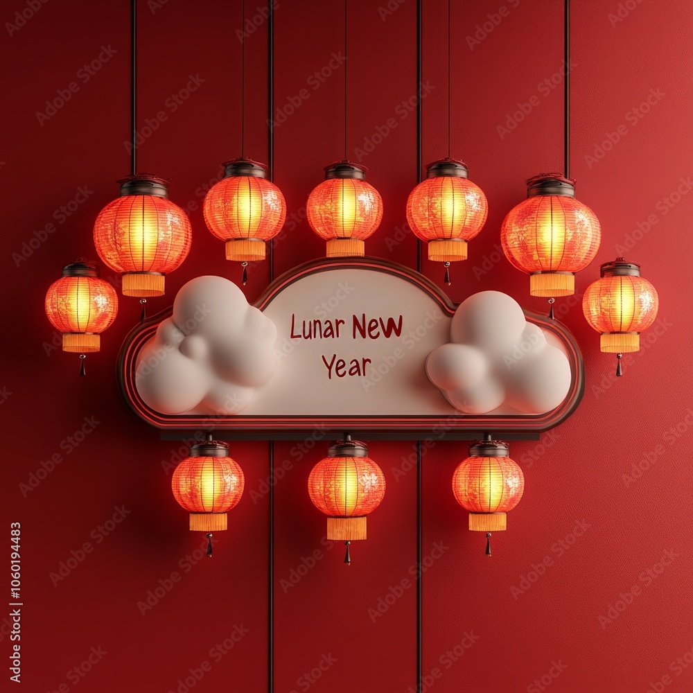 Festive Lunar New Year Sign with Lanterns and Cultural Motifs on Red Background Festive Lunar New Year Sign with Lanterns and Cultural Motifs on Red Background