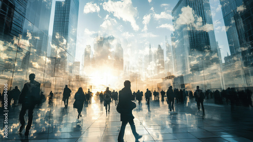 People walking in a bustling urban area with reflections and dramatic clouds at sunrise