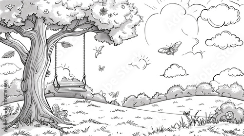 Cheerful Line Art Illustration of a Sunny Park Scene for Kids