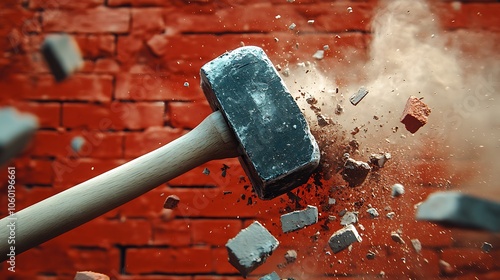 Hammer breaking through an old red brick wall