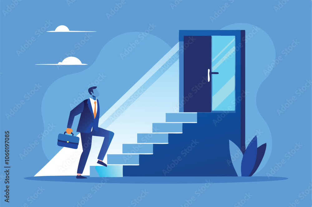 Obraz premium the path to success: reaching the top of the stairway to find the door to achievement vector illustration.