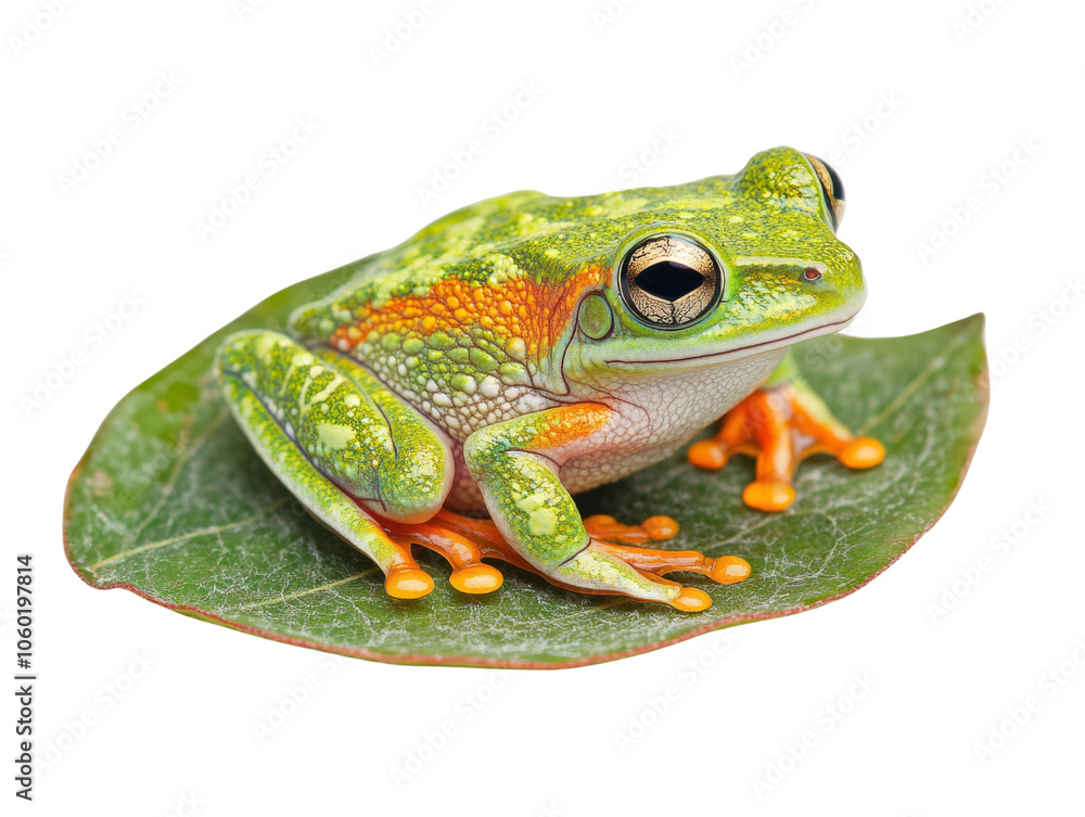 Fototapeta premium Colorful frog sitting on a green leaf, isolated on a white background.