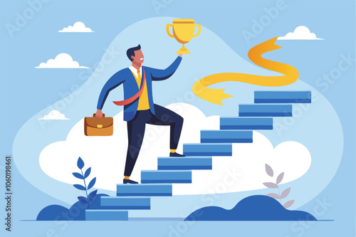 business success journey: determined businessman climbing a long staircase with a rising arrow to reach a trophy in the high sky, symbolizing ultimate achievement vector illustration.