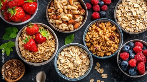 Abstract Creative Design Featuring Healthy Organic Oatmeal and Grain Ingredients for a Nutritious Breakfast, Highlighting the Importance of Whole Foods and Balanced Diets. This Image Represents a Whol photo