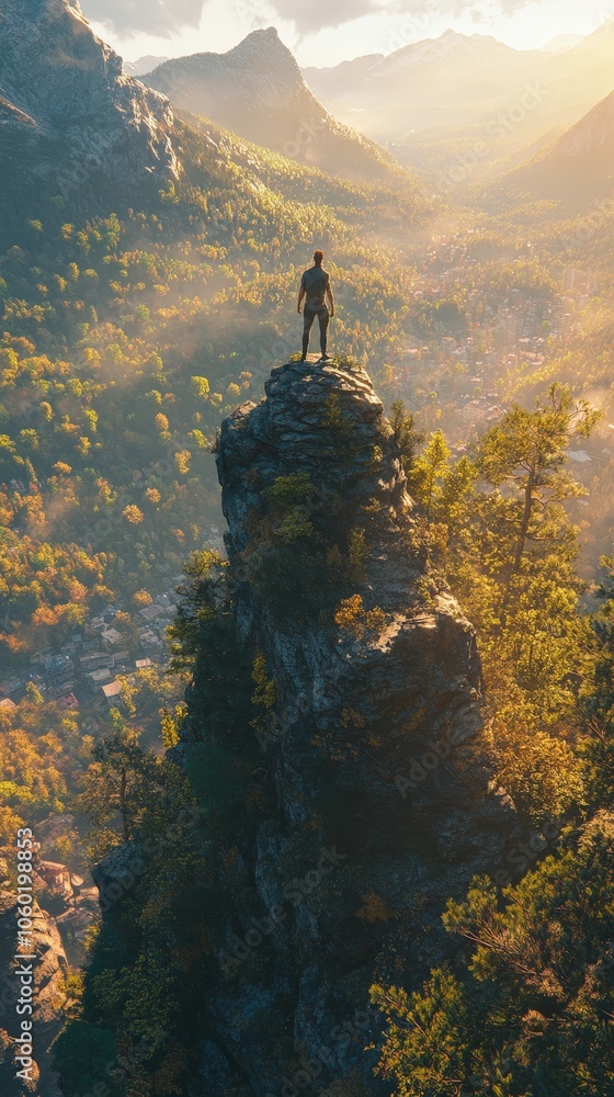 Fototapeta premium Man Standing on Cliff Overlooking Breathtaking Sunset Valley