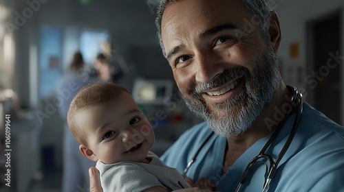 Smiling doctor holding a baby