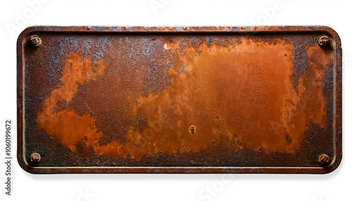Old, blank rectangular metal sign with heavy rust and patina, isolated on a white background, giving an antique and rugged look
