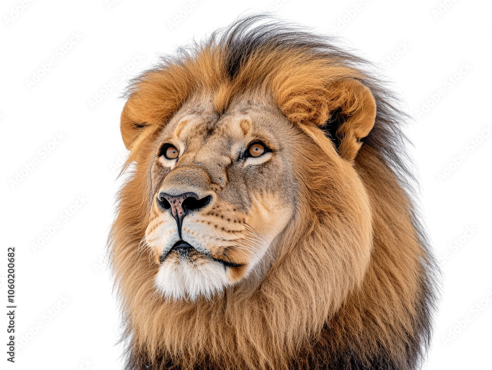 Lion portrait with majestic mane, white isolated background. Lion portrait with majestic mane, white isolated background.