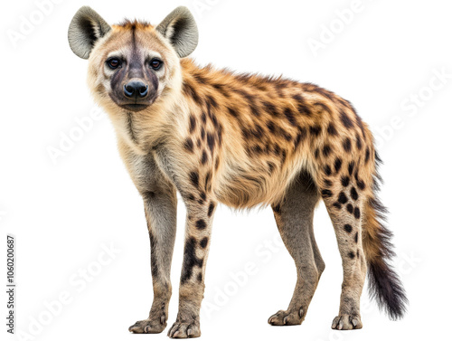 Hyena standing, white isolated background photo