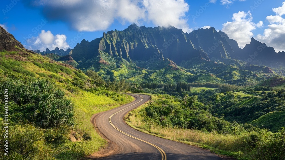 Scenic winding road through lush green landscape Scenic winding road through lush green landscape