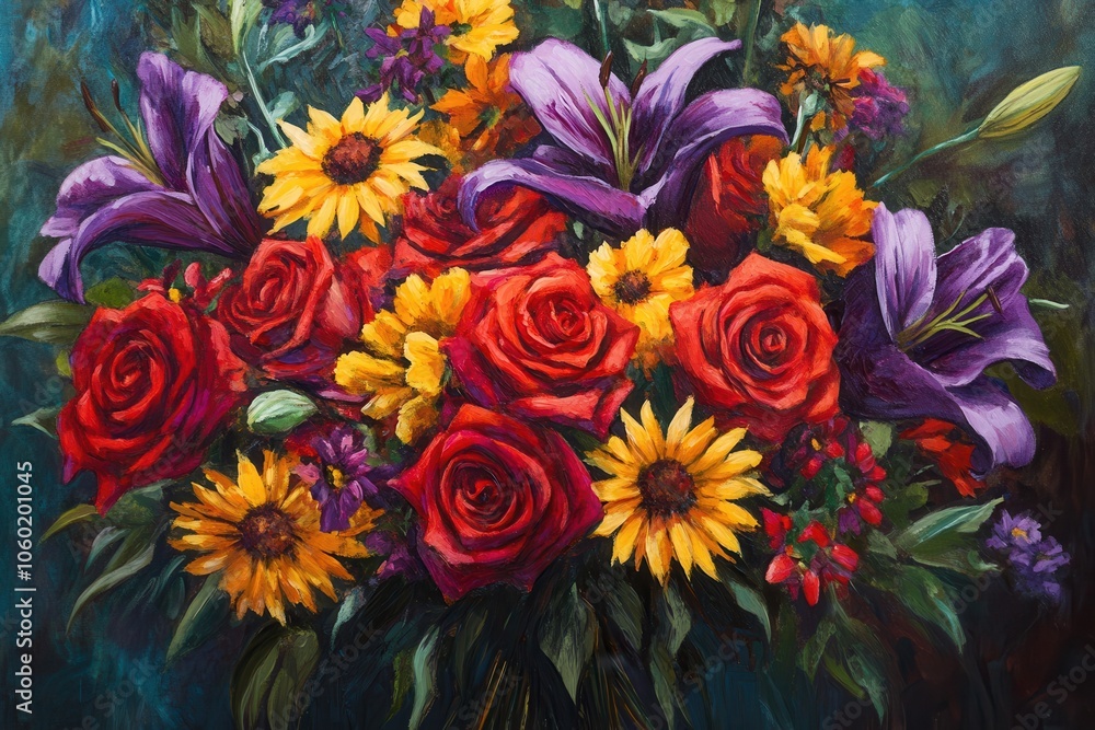 A bouquet of flowers with a mix of bright red roses, yellow daisies, and purple lilies. A bouquet of flowers with a mix of bright red roses, yellow daisies, and purple lilies.