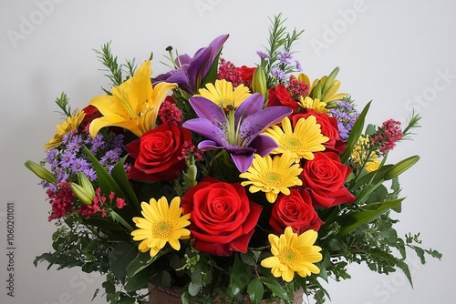 A bouquet of flowers with a mix of bright red roses, yellow daisies, and purple lilies.