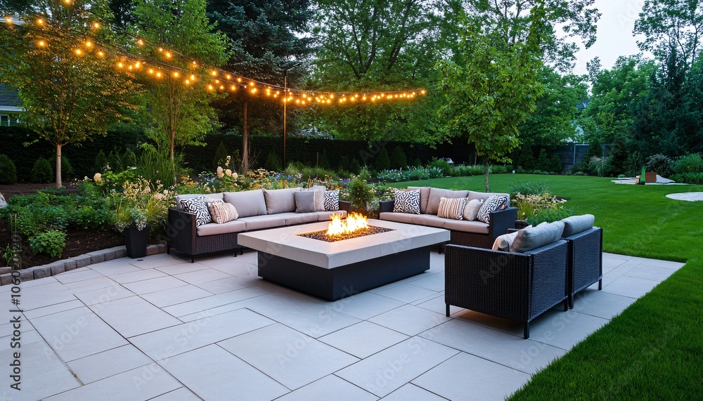 A cozy outdoor patio scene featuring comfortable seating, a fire pit, and string lighting, surrounded by lush greenery. A cozy outdoor patio scene featuring comfortable seating, a fire pit, and string lighting, surrounded by lush greenery.