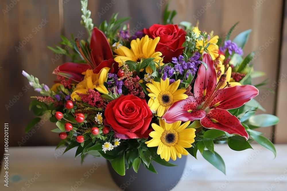 A bouquet of flowers with a mix of bright red roses, yellow daisies, and purple lilies. A bouquet of flowers with a mix of bright red roses, yellow daisies, and purple lilies.