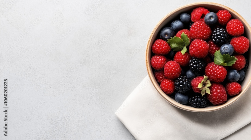 Top view of a bowl filled with fresh mixed berries including raspberries, blueberries, and blackberries on a light gray surface with a white cloth. Top view of a bowl filled with fresh mixed berries including raspberries, blueberries, and blackberries on a light gray surface with a white cloth.