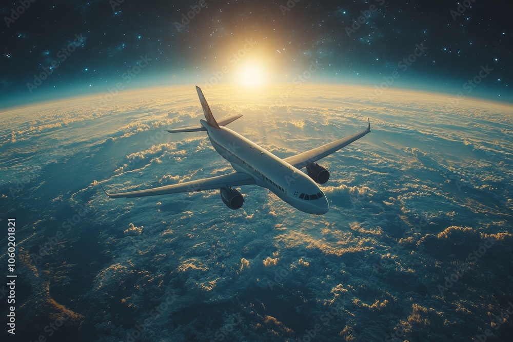 Fototapeta premium Airplane Flying Above Clouds at Sunset