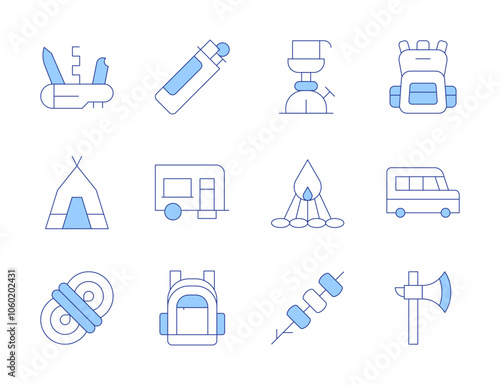 Camping icons. Line Duotone style, editable stroke. marshmallows, van, camper van, lighter, backpack, bonfire, pocket knife, rope, tent, axe, camping gas