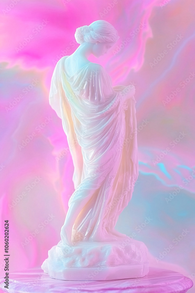 Fototapeta premium Gypsum copy of the ancient statue in pastel tone for artists on pink blue background. Plaster sculpture of a face. Art modern poster in soft colors. Love, beauty