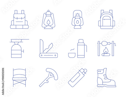Camping icons. Thin Line style, editable stroke. camping, camping chair, lantern, lighter, backpack, bonfire, boots, camping gas, oil lamp, pocket knife, sausage, thermo