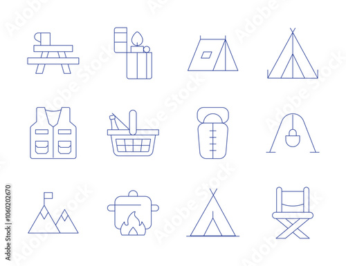 Camping icons. Thin Line style, editable stroke. hiking, tent, cooking pot, folding chair, vest, picnic basket, pot on fire, sleeping bag