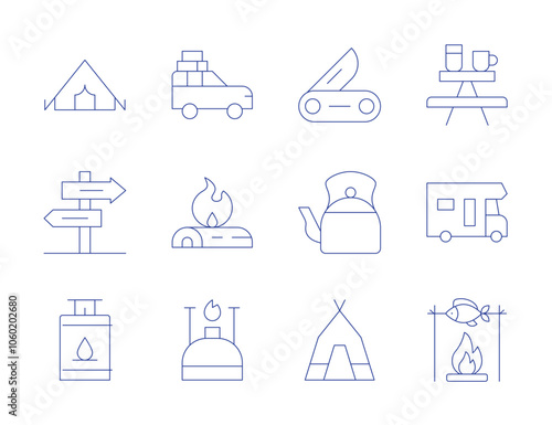 Camping icons. Thin Line style, editable stroke. swiss knife, tent, camping table, caravan, fish, car, firewood, gas, camping tent, directional sign, kettle
