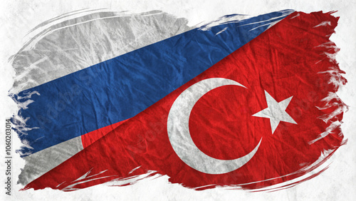 Close-up of blended Russia and Turkey flags symbolizing cooperation, diplomacy, and international relations. The silk texture highlights national identity and partnership. photo