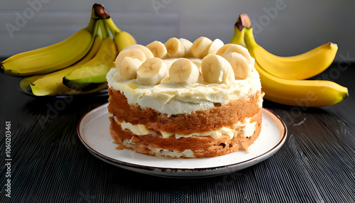 Banana Cream Cake- Explore a moist banana cake layered with banana cream and vanilla frostin photo