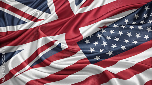 The image showcases interwoven flags of the United States and the United Kingdom, symbolizing friendship and international relations. The fabric texture adds a sense of unity and cooperation.