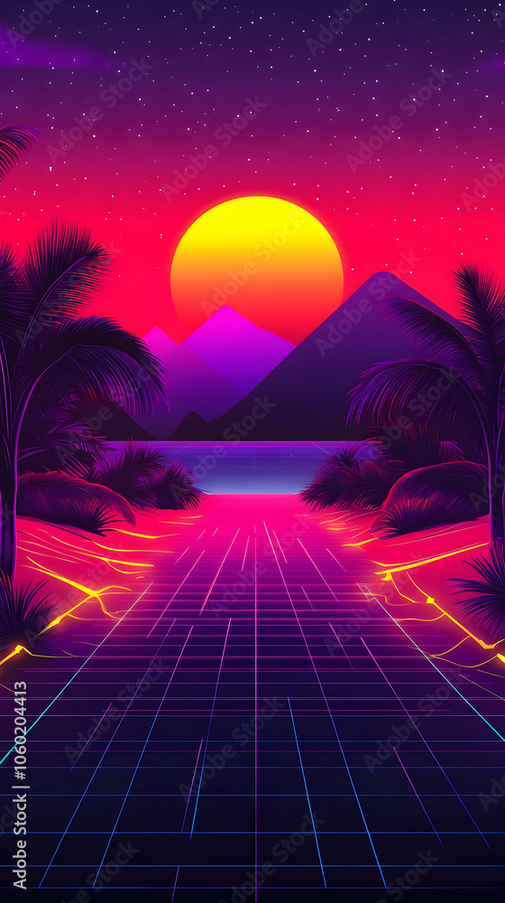 Fototapeta premium Retro sunset landscape with a glowing grid path.