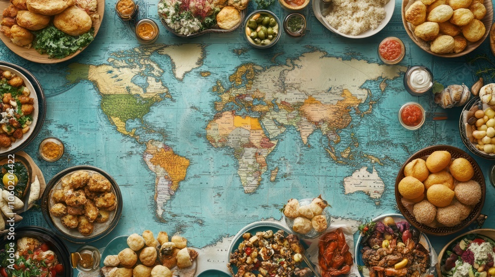 A world map surrounded by a variety of traditional food from different countries. A world map surrounded by a variety of traditional food from different countries.