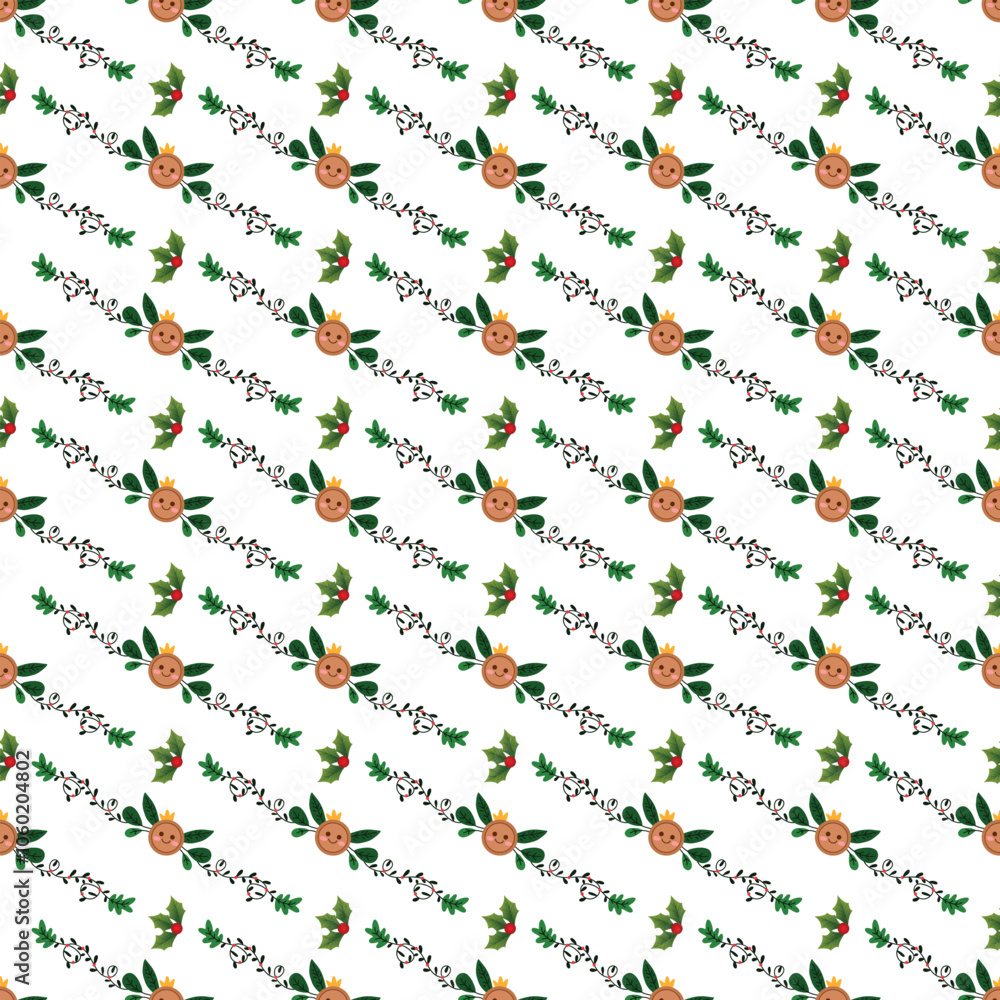 Fototapeta premium Joyful Christmas pattern with holly leaves and bows.