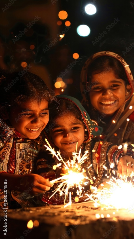 Delighted children laughing and enjoying sparklers together during a festive or holiday event with glowing and lights Delighted children laughing and enjoying sparklers together during a festive or holiday event with glowing and lights