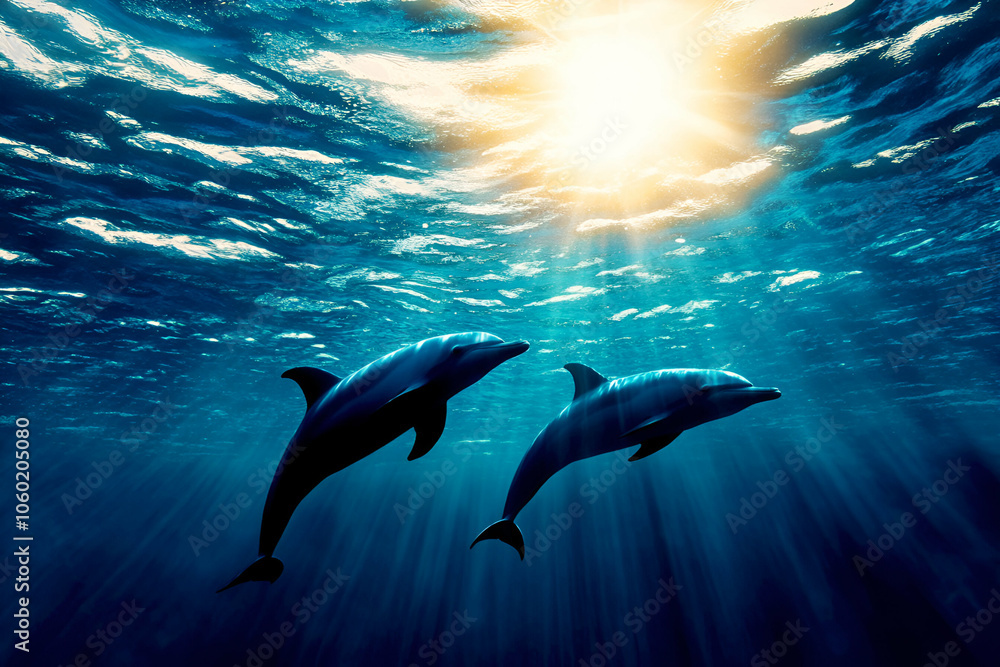 Dolphins swimming in sunlit waters Dolphins swimming in sunlit waters