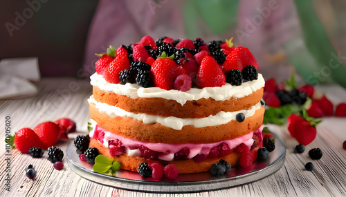 Wallpaper Mural Berry Delight Cake- Showcase a layered cake filled with mixed berries and whipped cream Torontodigital.ca