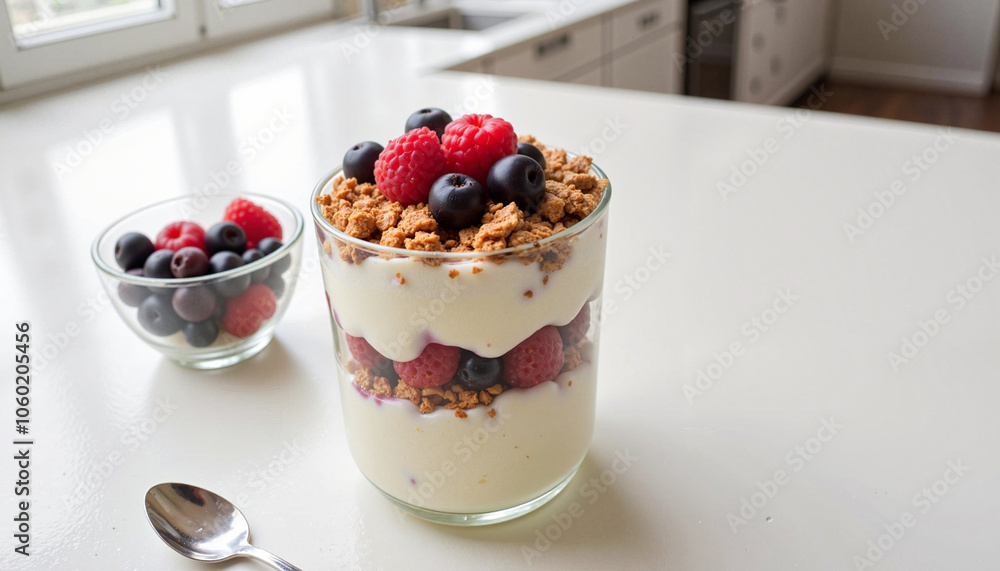 Delicious layered yogurt parfait with granola and mixed berries served in a glass on a bright kitchen countertop Delicious layered yogurt parfait with granola and mixed berries served in a glass on a bright kitchen countertop
