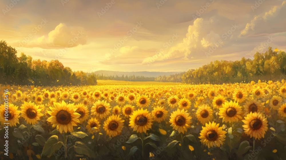 Fototapeta premium Vibrant Sunflower Field Under Golden Sky