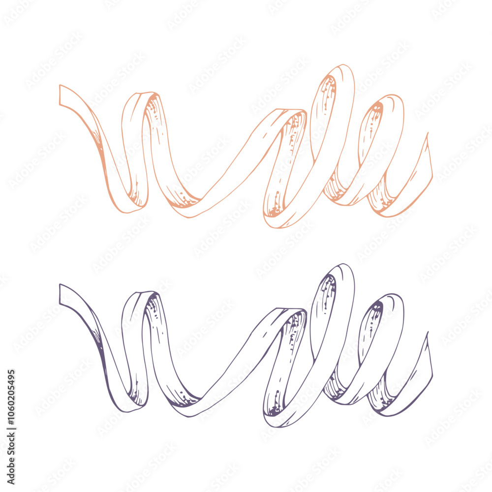 Obraz premium Ribbon lace braid zigzag tassel. Hand drawn ink vector illustration sewing craft embroidery supplies. Isolated set of objects on white background. Design atelier, tailor, hobby shop, fashion boutique