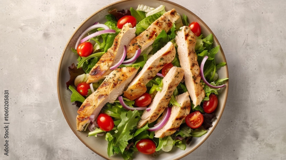 Crispy Chicken Salad with Mixed Greens, Red Onion, and Cherry Tomatoes on Gray Background, Top View Flat Lay, Hyperrealistic Food Photography Crispy Chicken Salad with Mixed Greens, Red Onion, and Cherry Tomatoes on Gray Background, Top View Flat Lay, Hyperrealistic Food Photography