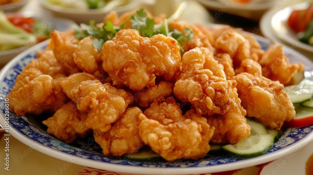 Crispy Fried Chicken on a Blue Plate with Garnish Crispy Fried Chicken on a Blue Plate with Garnish