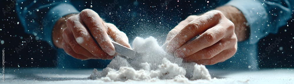 Fototapeta premium Hands Playing with Powder in a Dark Background.
