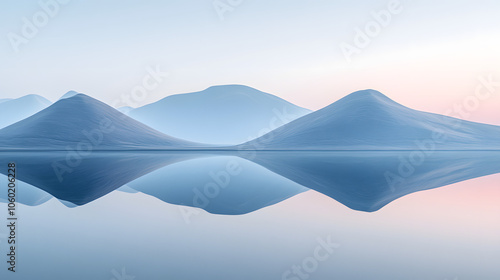 A Serene Landscape Captured in Soft Glow of Alabaster Light Over Rolling Hills and Tranquil Lake at Dusk