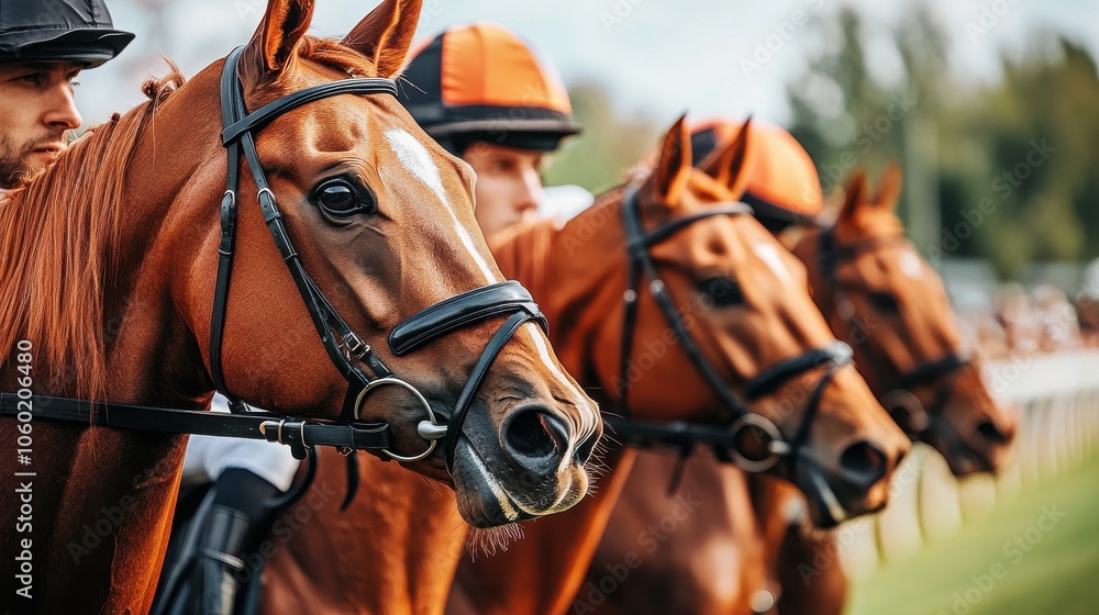 Obraz premium Horses Ready for Racing in Bright Daylight