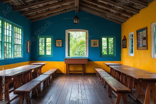 Rustic Interior with Wooden Benches and Bright Colors photo