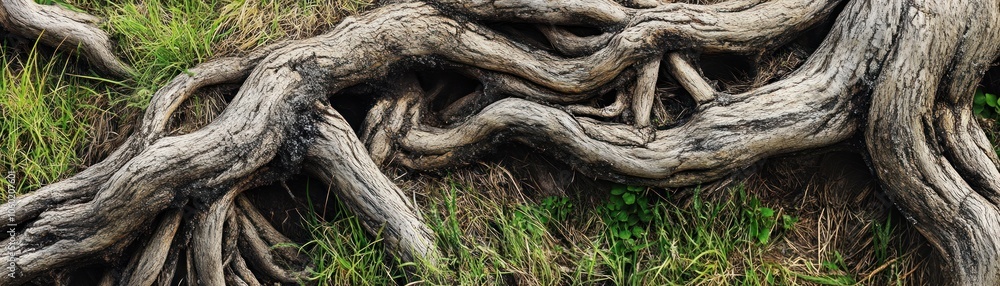 A close-up view of twisted tree roots intertwined with grass. A close-up view of twisted tree roots intertwined with grass.