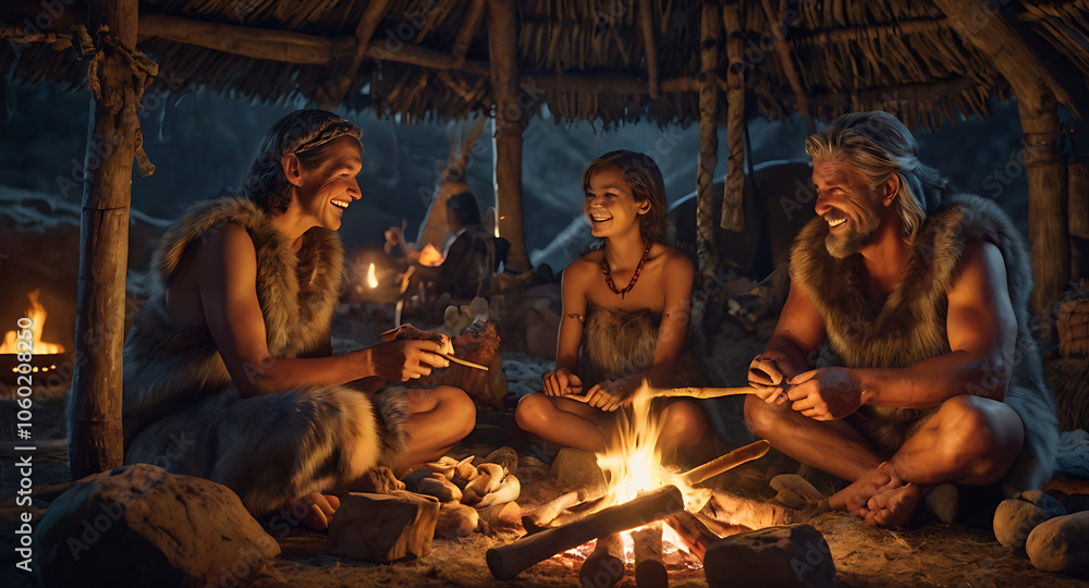 Fototapeta premium A cartoon-style Stone Age family sitting around a cozy fire, wearing simple fur clothing and smiling as they roast food on sticks. The scene is playful and heartwarming, with a cave decorated with han