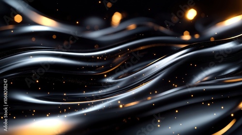 Abstract black and gold flowing liquid with shimmering particles. photo