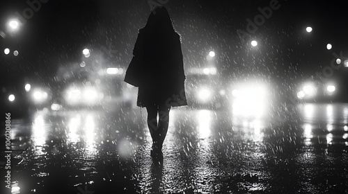 A Melancholic Figure in a Rain-Soaked Street Capturing the Essence of Lugubriousness