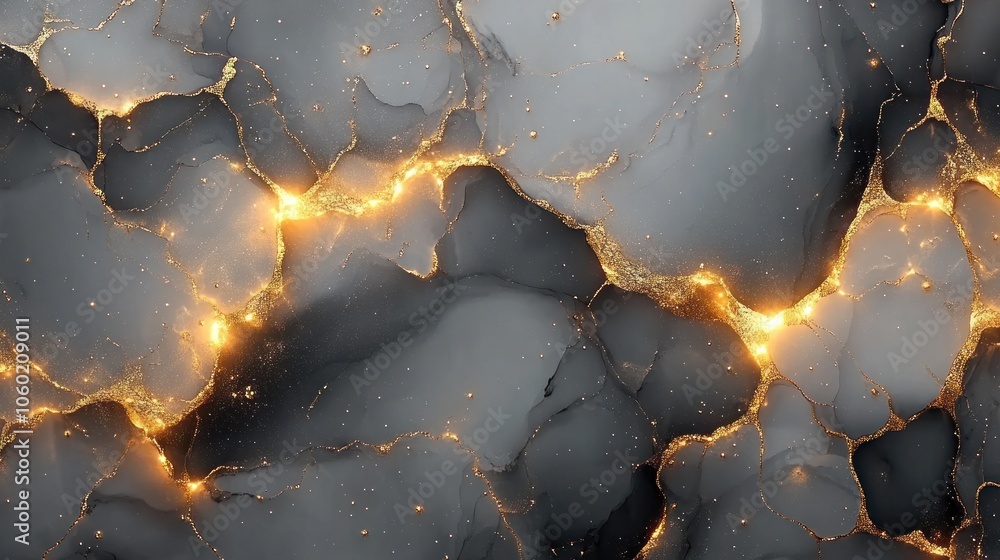 Fototapeta premium Abstract black and gold marble texture with glowing veins.